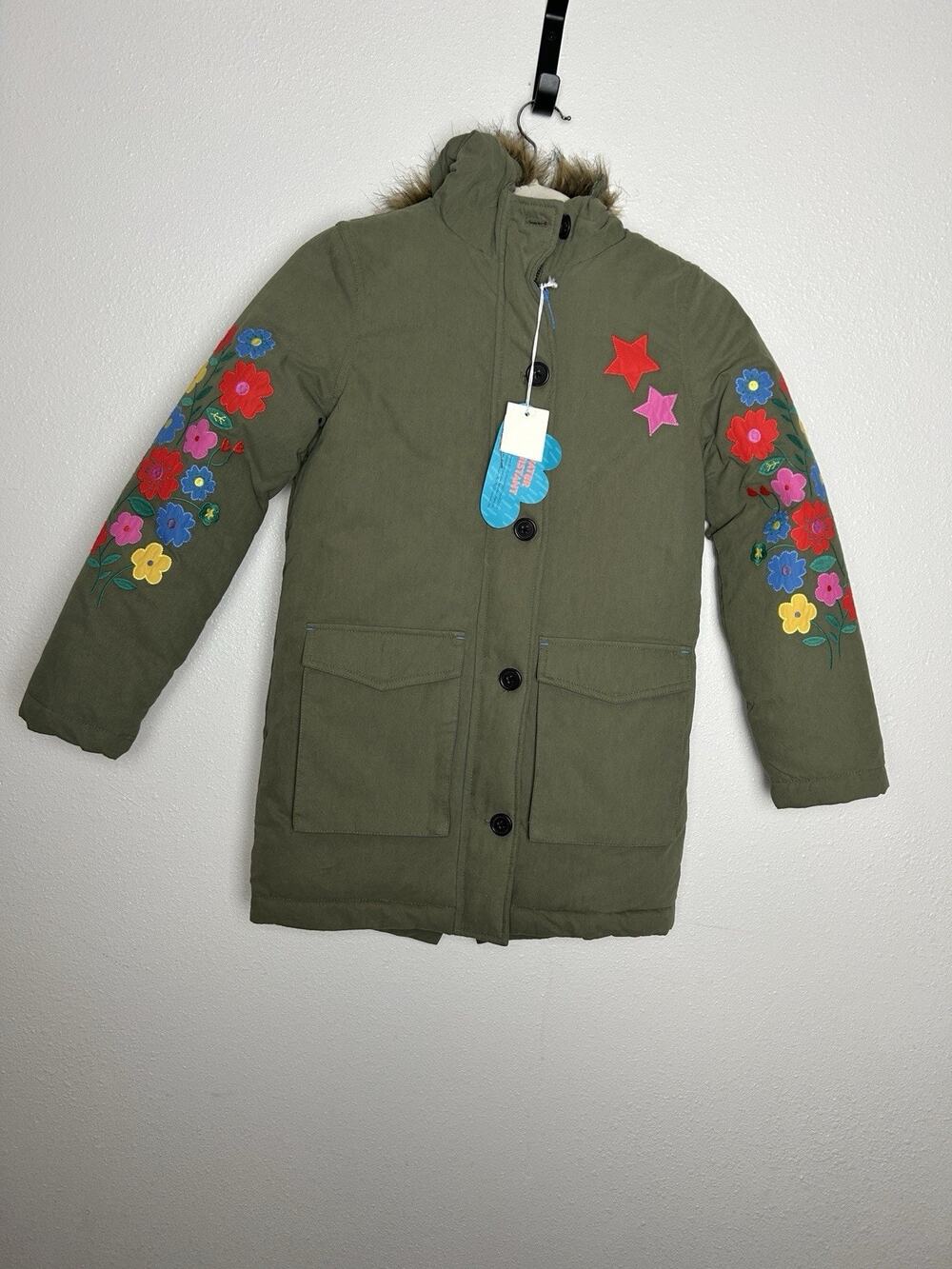 NWT Mini Boden Army Green Floral Embroidered Fur Hood Coat Size 9-10 Years